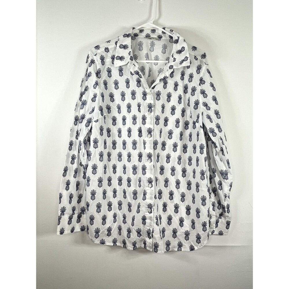 Talbots Shirt Womens Plus 1X White Pineapple Collared Button Up Long Sleeve